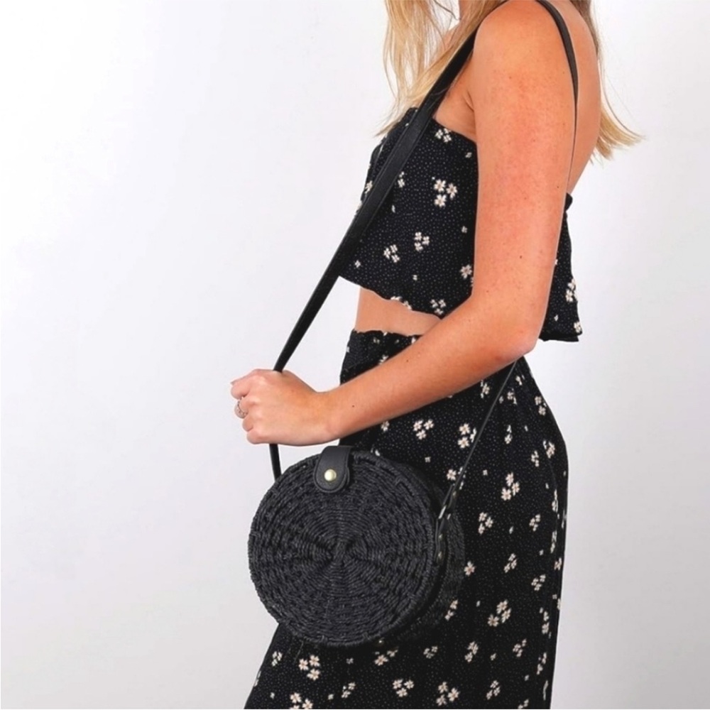Bohme Black Woven Rattan Round Crossbody Bag with Leather Strap